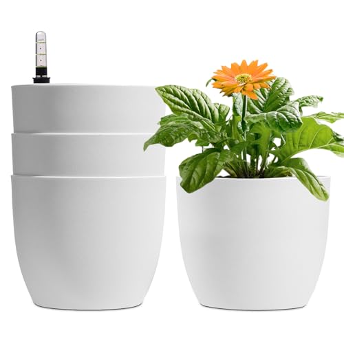 T4U 15cm Selbstwässernder Blumentopf mit Wasseranzeiger Weiß Blumentopf Set 4er-Set, Selbstbewässerung Wasserspeicher Pflanzgefäß Übertopf für Innen- und Außenbereich von T4U