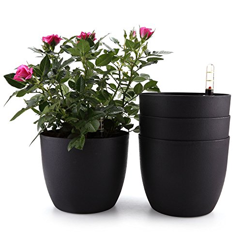 T4U 18cm Kunststoff Automatische Bewässerung Blumentopf mit Wasserstandsanzeige Schwarz 4er Set, Moderne Dekoration Blumentopf für alle Pflanzen, Blumen, Kräuter, African Lila, Sukkulenten von T4U