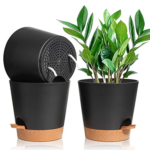 T4U 20cm Kunststoff Blumentopf mit Bewässerungssystem, 3er-Set Selbstbewässerung Blumentopf mit Untersetzer, Kräutertopf für Innen und Balkon Garten Pflanzen Sukkulenten Kaktus, Blumentopf Schwarz von T4U