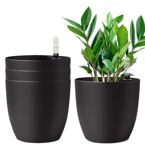 T4U 22cm Selbstwässernder Blumentopf mit Wasseranzeiger Schwarz 4er-Set, Selbstbewässerung Wasserspeicher Pflanzgefäß Übertopf für Innen- und Außenbereich von T4U