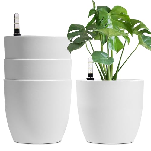 T4U 22cm Selbstwässernder Blumentopf mit Wasseranzeiger Weiß 4er-Set, Selbstbewässerung Wasserspeicher Pflanzgefäß Übertopf für Innen- und Außenbereich von T4U
