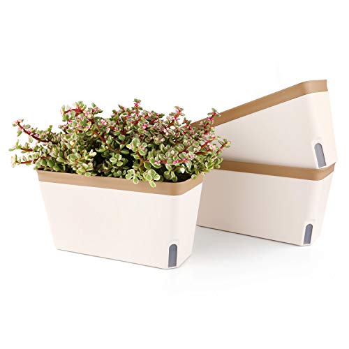 T4U 27cm Selbstwässernder Blumenkasten Kräutertopf mit ERD-Bewässerungs-System Braun 3er-Set Kunststoff Blumentopf Pflanzgefäß Rechteck für Küche Balkon Fensterbank von T4U