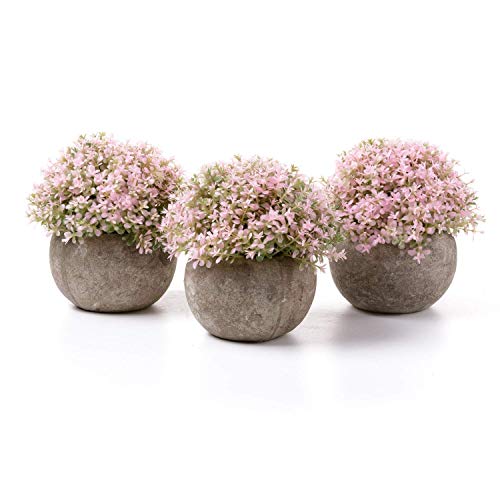 T4U Künstliche Blumen Bonsai Kunstpflanze mit grauen Topf, für Hochzeit/Büro/Zuhause Dekoration - Rosa Blüten, 3er Set von T4U