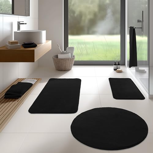 TA&MA Store Badezimmerteppich | Badezimmer Teppiche rutschfest waschbar – Hochwertige Badematte & Badteppich - Badematte als Set kombinierbar - Teppich Badezimmer Schwarz 80 cm rund von TA&MA
