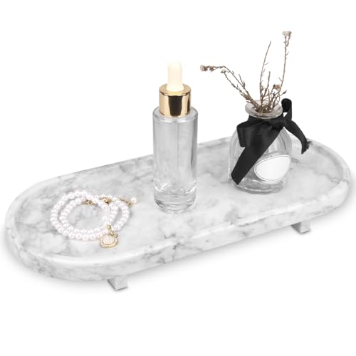 Badezimmer Tablett Luxuriöse Natürlicher Marmor Deko Tablett Oval mit Bein Seifenspender Tablett für Bad Handtuch Parfümhalter Küche Eitelkeit Pflanze Schmuck Tablett Weiß Grau 30 x 13 x 3.8 cm von TABHOUKIT