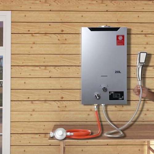 TABODD 20L 40KW LPG Gas Durchlauferhitzer mit Gasdruckregler, Propangas Campingdusche für Dusche im Außenbereich Dusche Bad Warmwasser Camping Dusche Warmwasserbereiter mit CE-Zertifizierun, Silber von TABODD