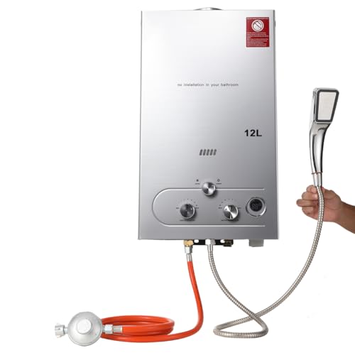 TABODD 24KW 12L LPG Gas Durchlauferhitzer mit Gasdruckregler, Propangas Campingdusche für Dusche im Außenbereich Dusche Bad Warmwasser Camping Dusche Warmwasserbereiter mit CE-Zertifizierun, Silber von TABODD