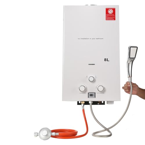 TABODD 8 l Propan-Gas-Durchlauferhitzer mit Druckregler, 16 kW Durchlauferhitzer mit LPG, tragbarer Brenner für Durchlauferhitzer, ohne Tank mit Duschset für Camping, Weiß von TABODD