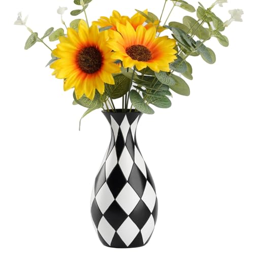Schwarz-weiß karierte Vase – modernes Keramik-Gittermuster- | kräftiger ästhetischer | dekorativer Tischaufsatz, Boho-Display für Pampasgras, Rosenstiele und Blumen-Styling von TABSIRAH