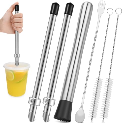 TACGEA 6 Stück Strohstanzer und Stößel für Kunststoffdeckel, Limonadenbecher, Edelstahl-Stößel und Rührlöffel, Strohlochstanzer für Getränke, frisch gepresste Limonadenständer von TACGEA