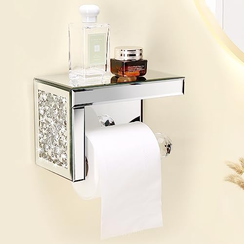TACIDON Crystal Crush Diamond Toilettenpapierhalter mit verspiegeltem Regal Silber Modern Toilettenpapierhalter Wandmontage Glamouröser Spiegel Toilettenpapierrollenhalter für Badezimmer Waschraum von TACIDON
