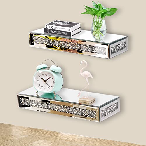 TACIDON Verspiegelte schwebende Regale Wandmontage Kristall Crushed Diamond Moderne Wandregale 2er Set Wunderschönes Glas Spiegelregal für Home Wall Decor, Schlafzimmer, Wohnzimmer, Badezimmer, Küche von TACIDON