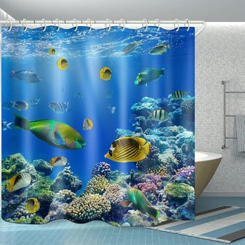 TACOKI 3D Duschvorhang 120x200 Fisch Duschvorhang Tropischer Fisch Bad Vorhang Antischimmel Wasserdicht Duschvorhänge Textil Polyester für Badezimmer Badewannen mit 8 Haken A7947 von TACOKI