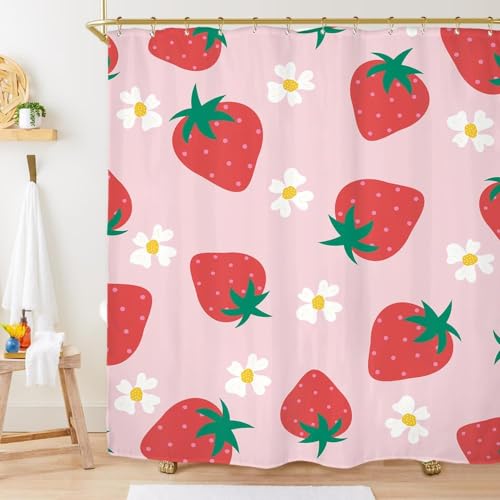 TACOKI 3D Duschvorhang 200x200 Erdbeere Duschvorhang Erdbeere Bad Vorhang Antischimmel Wasserdicht Duschvorhänge Textil Polyester für Badezimmer Badewannen mit 12 Haken A7565 von TACOKI
