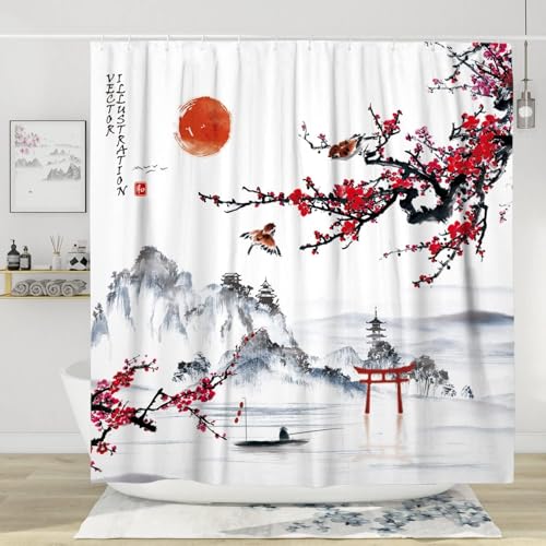 TACOKI 3D Duschvorhang 200x200 Japanischer Stil Duschvorhang Rote Blumen Bad Vorhang Antischimmel Wasserdicht Duschvorhänge Textil Polyester für Badezimmer Badewannen mit 12 Haken #307 von TACOKI