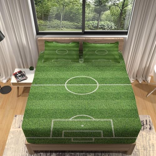 TACOKI 3D Fußballfeld Spannbettlaken 90x200cm, Fußballfeld Weiches Mikrofaser Bettlaken für Kinder, Bettlaken Spannbetttuch 90x200 bis 30 cm Matratzenhöhe mit 2 kissenbezüge c317 von TACOKI