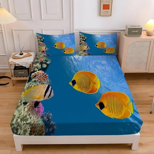 TACOKI 3D Meer Spannbettlaken 120x200cm, Fisch Weiches Mikrofaser Bettlaken für Kinder, Bettlaken Spannbetttuch 120x200 bis 30 cm Matratzenhöhe mit 2 kissenbezüge 4714v TACOKI 3D Meer Spannbettlaken 120x200cm, Fisch Weiches Mikrofaser Bettlaken für Kinder, Bettlaken Spannbetttuch 120x200 bis 30 cm Matratzenhöhe mit 2 kissenbezüge 4714v von TACOKI