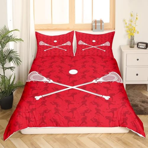 TACOKI Bettwäsche 200x200 Lacrosse, 3D Muster Rot Bettwäsche Set Weich Kuschelig Mikrofaser Bettbezug mit Reißverschluss Bettbezüge + 2 Kissenbezug 80x80 cm e2446 von TACOKI
