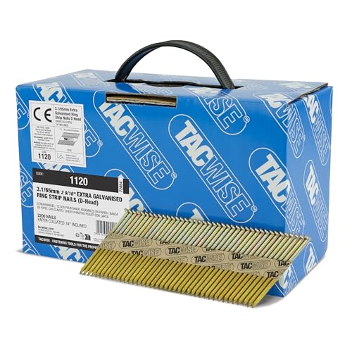 Tacwise 1120 Extra Verzinkte Rahmennägel 3,1/65 mm, D‘-Kopf, Ringschaft, mit 34° Neigung, Papiergebunden, Packung mit 2200 Stück, 3.1 / 65mm von TACWISE