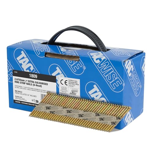 Tacwise 1809 Extra Verzinkte Rahmennägel 2,8/50 mm, D‘-Kopf, Ringschaft, mit 34° Neigung, Papiergebunden, Packung mit 800 Stück, Silber Tacwise 1809 Extra Verzinkte Rahmennägel 2,8/50 mm, D‘-Kopf, Ringschaft, mit 34° Neigung, Papiergebunden, Packung mit 800 Stück, Silber von TACWISE