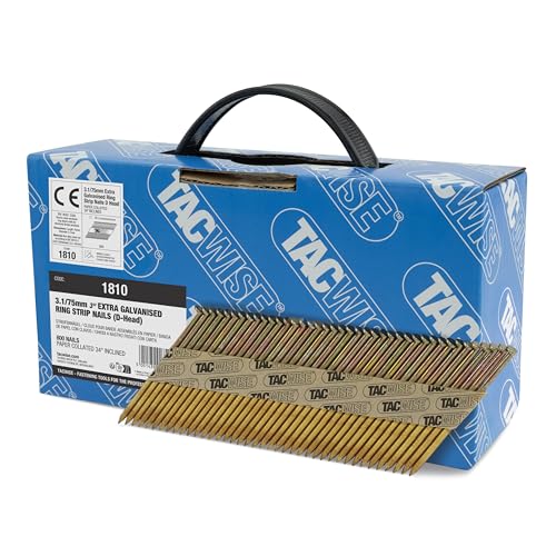 Tacwise 1810 Extra Verzinkte Rahmennägel 3,1/75 mm, D‘-Kopf, Ringschaft, mit 34° Neigung, Papiergebunden, Packung mit 800 Stück, Silber von TACWISE
