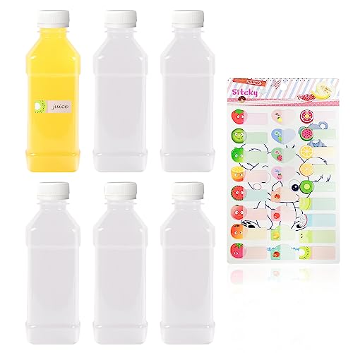 TAFACE 6 transparente Saftflaschen, 1 Obstaufkleber, 250 ml Getränkebehälter, PET-Trinkflasche mit Deckel, wiederverwendbare klare Flasche, Milch, Saft (weißer Deckel) von TAFACE