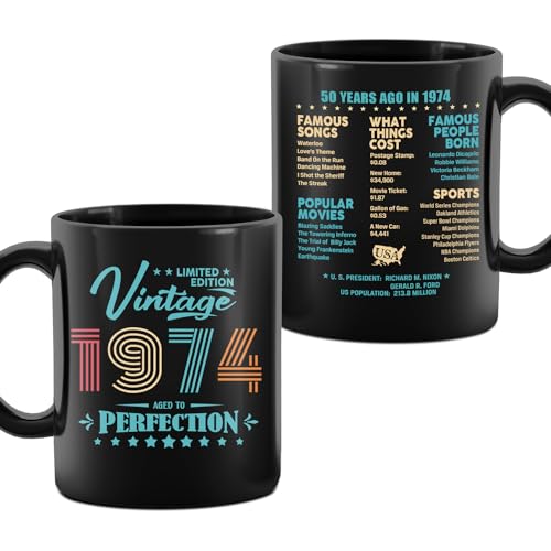 50. Geburtstag Geschenke für Männer und Frauen, 1974 Old Time Information – Tasse zum 50. Geburtstag, doppelseitige Kaffeetasse, Party-Dekoration, bester Meilenstein zum 50. Geburtstag, 325 ml von TAGDANK