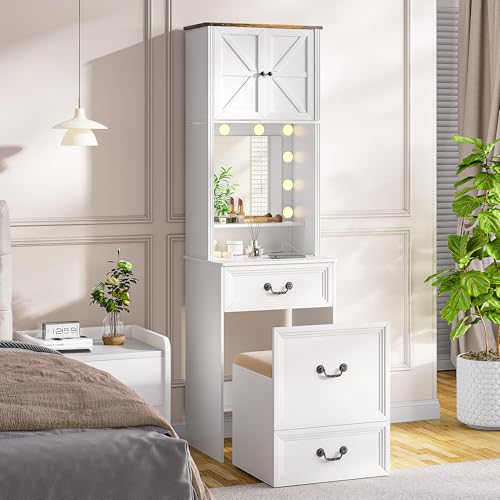 Schminktisch mit Spiegel und Beleuchtung, Klein Schminktisch mit Schubladen & Regalen, Landhausstil Frisiertisch Dressing Table mit Verstecktem Hocker, Geschenk für Mädchen & Damen Schminktisch mit Spiegel und Beleuchtung, Klein Schminktisch mit Schubladen & Regalen, Landhausstil Frisiertisch Dressing Table mit Verstecktem Hocker, Geschenk für Mädchen & Damen von TAGELIER