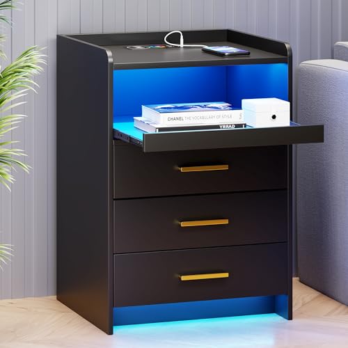 TAGELIER LED Nachttisch mit Ladefunktion, Bachtschrank mit 3 Schubladen, moderner Bedside Table Beistelltisch für Schlafzimmer Wohnzimmer Büro, Schwarz TAGELIER LED Nachttisch mit Ladefunktion, Bachtschrank mit 3 Schubladen, moderner Bedside Table Beistelltisch für Schlafzimmer Wohnzimmer Büro, Schwarz von TAGELIER