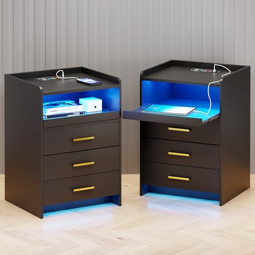 TAGELIER Nachttisch 2er Set mit Ladefunktion, LED Nachttisch mit RGB-Licht und menschlichem Sensor-Design, Bedside Table mit 3 Schubladen für Schlafzimmer Wohnzimmer Büro, Schwarz TAGELIER Nachttisch 2er Set mit Ladefunktion, LED Nachttisch mit RGB-Licht und menschlichem Sensor-Design, Bedside Table mit 3 Schubladen für Schlafzimmer Wohnzimmer Büro, Schwarz von TAGELIER