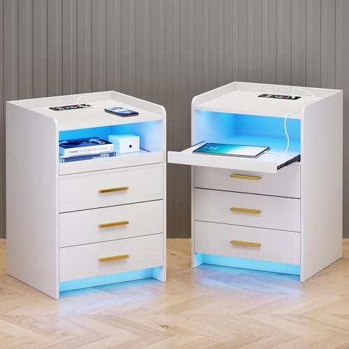 TAGELIER Nachttisch 2er Set mit Ladefunktion, LED Nachttisch mit RGB-Licht und menschlichem Sensor-Design, Bedside Table mit 3 Schubladen für Schlafzimmer Wohnzimmer Büro, Weiß TAGELIER Nachttisch 2er Set mit Ladefunktion, LED Nachttisch mit RGB-Licht und menschlichem Sensor-Design, Bedside Table mit 3 Schubladen für Schlafzimmer Wohnzimmer Büro, Weiß von TAGELIER