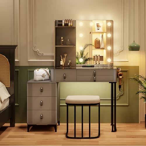 TAGELIER Schminktisch mit Beleuchtung & Spiegel, Grau Schminktisch mit Glas-Schreibtischplatte, Groß Vanity Desk mit Stuhl & verstellbaren 3 Farben LED-Beleuchtung und Ladestation TAGELIER Schminktisch mit Beleuchtung & Spiegel, Grau Schminktisch mit Glas-Schreibtischplatte, Groß Vanity Desk mit Stuhl & verstellbaren 3 Farben LED-Beleuchtung und Ladestation von TAGELIER