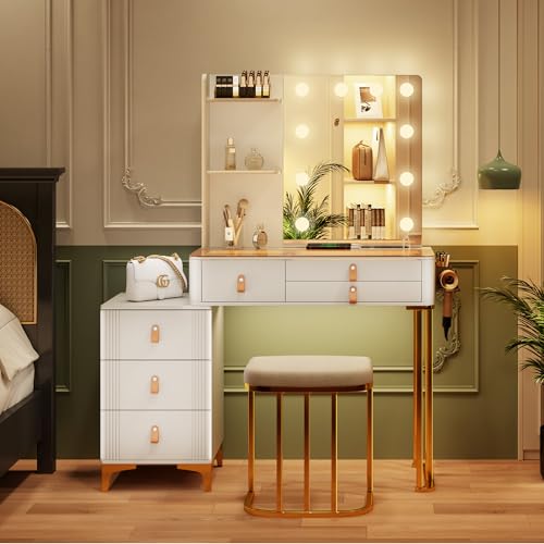 TAGELIER Schminktisch mit Beleuchtung & Spiegel, Groß Schminktisch mit verstellbaren 3 Farben LED-Beleuchtung und Ladestation, Glas-Schreibtischplatte, Weiß TAGELIER Schminktisch mit Beleuchtung & Spiegel, Groß Schminktisch mit verstellbaren 3 Farben LED-Beleuchtung und Ladestation, Glas-Schreibtischplatte, Weiß von TAGELIER