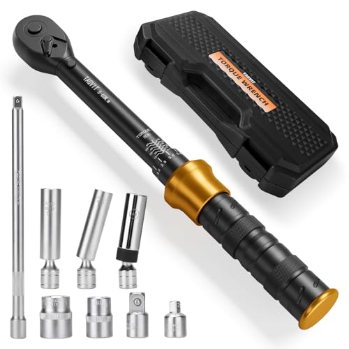 TAGVIT Drehmomentschlüssel 3/8", 5-60NM Drehmomentschlüssel 9tlg. Set, ±3% Fehlergenauigkeit mit Ratschenschlüssel Verlängerungsstange, Zündkerzenstecker (14 mm/16 mm/5/8 Zoll), Adapter und Socket von TAGVIT