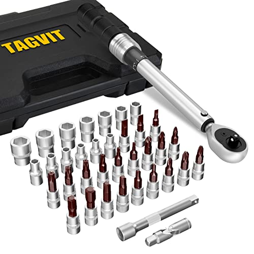 TAGVIT Drehmomentschlüssel 1/4 Zoll, 5-25 Nm Fahrrad & Motorrad Drehmomentschlüssel 37-tlg.Set mit Verlängerung, Steckdose, Innensechskant, Hex und Torx Bits Kits für Fahrrad MTB von TAGVIT