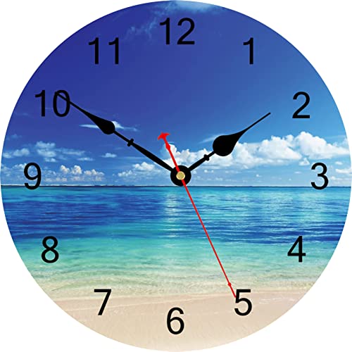 TAHEAT 20 cm Blau Himmel Meer Wanduhr, Ohne Tickgeräusche Leise Holz Strand Uhren, Modern Dekorativ Wanduhren für Schlafzimmer, Badezimmer, Küche von TAHEAT