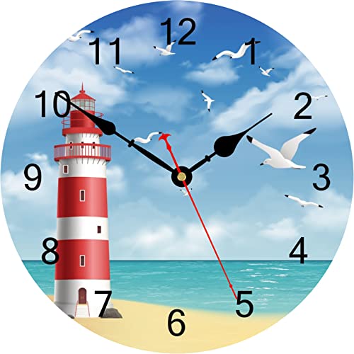 TAHEAT 30 cm Leuchtturm Möwe Wanduhr, Meer Himmel Pattern Uhren, Leise Nicht Tickend Modern Wanduhr für Küche/Schlafzimmer/Wohnzimmer/Esszimmer von TAHEAT