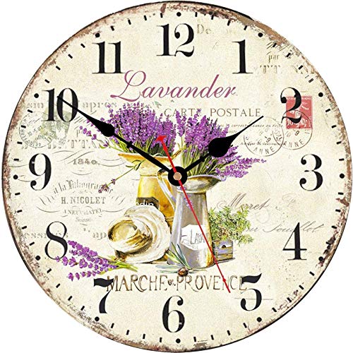 TAHEAT 30 cm Lila Lavendel Blume Wanduhr, Holz Rustikale Vintage Uhren, Leise Ohne Tickgeräusche Landhausstil Wanduhren für Wohnzimmer/Schlafzimmer/Küche/Esszimmer von TAHEAT