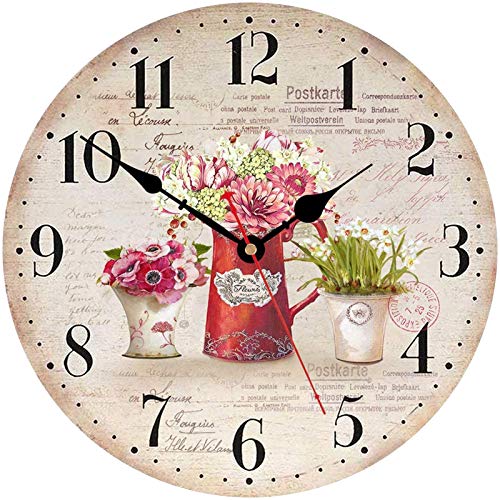 TAHEAT 30 cm Vintage Blume Wanduhr, Holz Retro Shabby Chic Uhren, Lautlos Geräuschlos Landhausstil Wanddekoration für Wohnzimmer/Schlafzimmer/Küche/Büro von TAHEAT