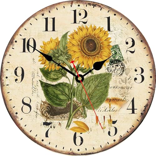 TAHEAT 30 cm Wanduhr Sommer Sonnenblume, Vintage Shabby Chic Lautlos Nicht Ticken Uhren, Holz Dekorativ Wanduhren für Küche/Wohnzimmer/Schlafzimmer/Büro von TAHEAT