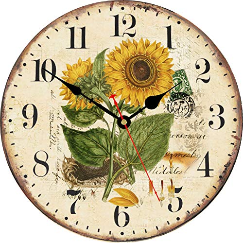 TAHEAT 34 cm Schön Sonnenblume Wanduhr, Jahrgang Land Blumen Leise Nicht Ticken Uhren, Hölzern Runden Leicht zu lesen Wanduhr für Küche/Wohnzimmer/Schlafzimmer/Bad von TAHEAT