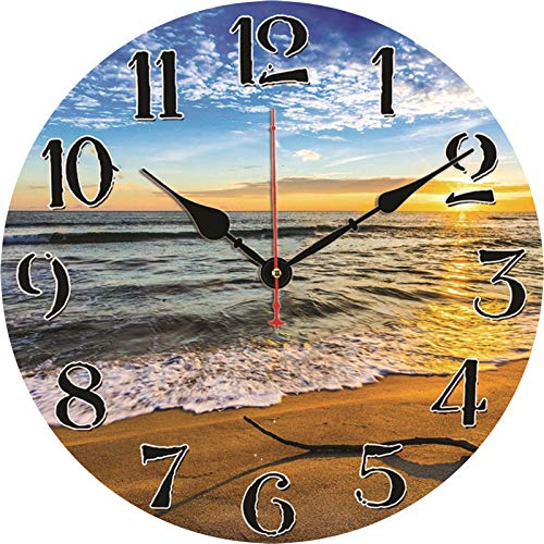 TAHEAT Strand Wellen Sonnenuntergang Wanduhr, Leise Nicht tickend Batteriebetrieben Uhren, Leicht zu lesen Dekorativ Wanduhren für Schlafzimmer/Küche/Wohnzimmer/Bad, 34 cm von TAHEAT