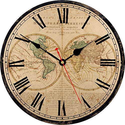 TAHEAT Weltkarte Wanduhr, Groß Klassisch Holzuhren, Leise Nicht tickend Einfach zu lesen für zu Hause/Büro/Schule, 34 cm von TAHEAT