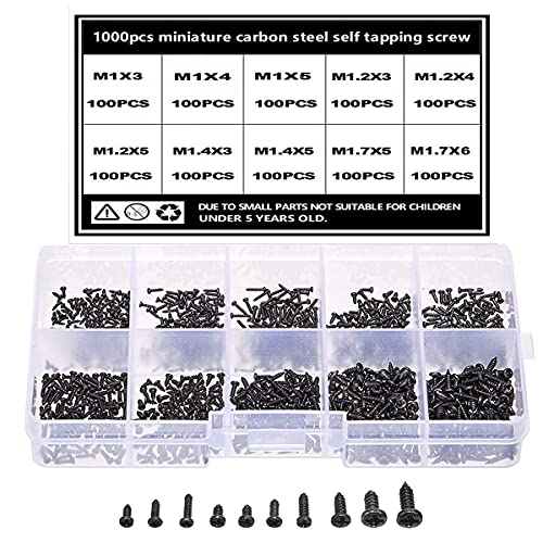 TAIANJI 1000 Stk Mini Schrauben Set Selbstschneidende Schrauben Kleine Schrauben Schwarz Mikro Schrauben Set M1 M1.2 M1.4 M1.7 Schrauben Set für Brillen, Uhren, Telefone, Kameras, Laptops usw. von TAIANJI