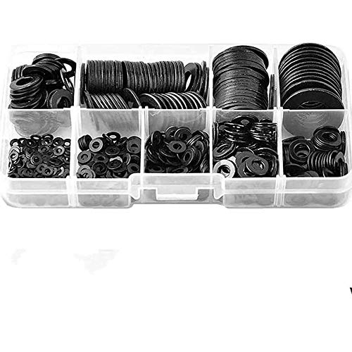 TAIANJI 684 Stk Flach Unterlegscheiben Sortiment Set M2 M2.5 M3 M4 M5 M6 M8 M10 M12 Beilagscheiben Metall 9 Größen Schwarz Flach und Sicherungsscheiben Sortiment Set von TAIANJI