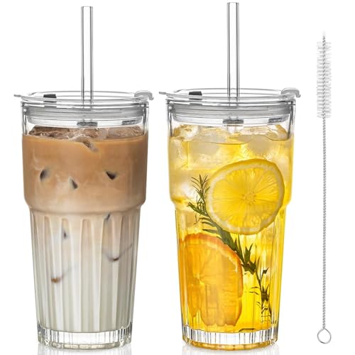 2 Stück Bubble Tea Becher, 600ml Transparente Eiskaffee Becher, Glasbecher Trinkbecher mit Deckel und Strohhalm, Gestreifte Glas Eiskaffee Gläser,Longdrinkglas Set, Smoothie-becher 2 Stück Bubble Tea Becher, 600ml Transparente Eiskaffee Becher, Glasbecher Trinkbecher mit Deckel und Strohhalm, Gestreifte Glas Eiskaffee Gläser,Longdrinkglas Set, Smoothie-becher von TAIHE