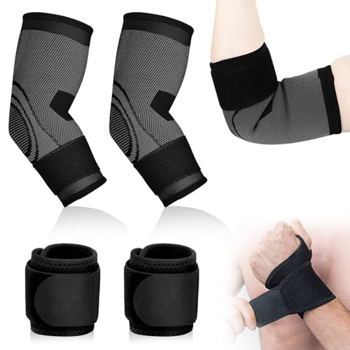 TAIHOBO 2PCS Ellenbogenbandage, Tennisarm Bandage Ellenbogen, Verstellbar Ellbogen Bandage mit 2 Handgelenk Bandagen, Atmungsaktive Ellenbogen Bandagen Herren Damen, für Golferarm Arthritis TAIHOBO 2PCS Ellenbogenbandage, Tennisarm Bandage Ellenbogen, Verstellbar Ellbogen Bandage mit 2 Handgelenk Bandagen, Atmungsaktive Ellenbogen Bandagen Herren Damen, für Golferarm Arthritis von TAIHOBO