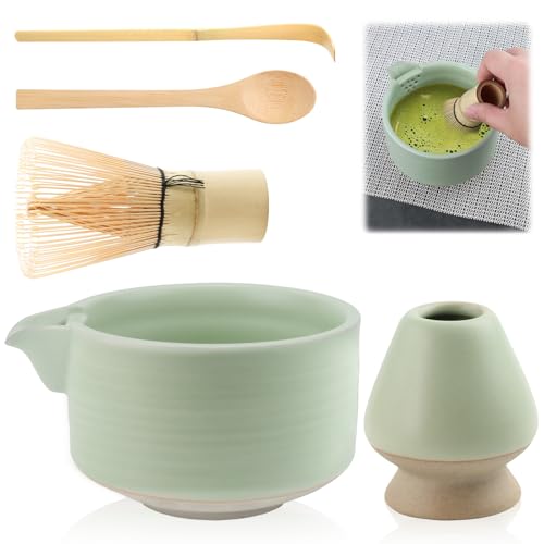 TAIHOBO Matcha Set, Inklusive Matcha Besen, 550ml Keramik Matcha Schale mit Ausgießer, Matcha Besen Halter und 2 Matcha Löffel, für Teezeremonie zum Umrühren, für Büro Teestube von TAIHOBO