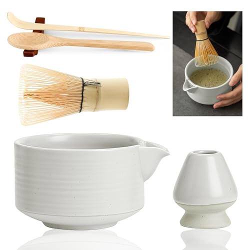 TAIHOBO Matcha Set, Inklusive Matcha Besen, 550ml Keramik Matcha Schale mit Ausgießer, Matcha Besen Halter und 2 Matcha Löffel & 1 Löffelhalter, für Teezeremonie zum Umrühren, für Büro Teestube (Weiß) TAIHOBO Matcha Set, Inklusive Matcha Besen, 550ml Keramik Matcha Schale mit Ausgießer, Matcha Besen Halter und 2 Matcha Löffel & 1 Löffelhalter, für Teezeremonie zum Umrühren, für Büro Teestube (Weiß) von TAIHOBO