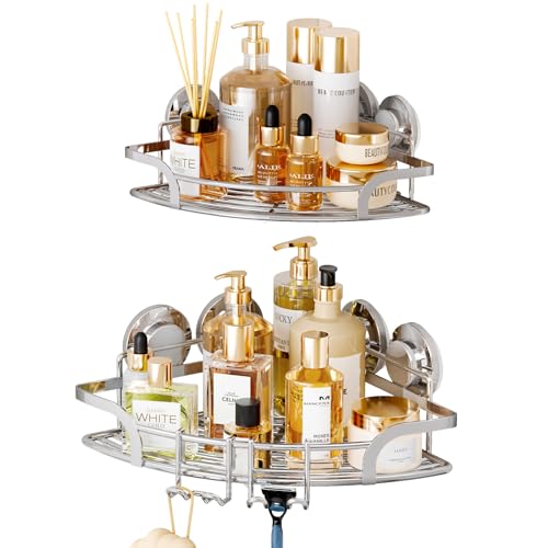 TAILI Duschablage Ohne Bohren,Einstellbar Ecke Dusche Caddy Saugnapf 2er Set Dusche Zubehör mit Haken Rostfrei Schwarz Duschregal Organisator für Küche Badezimmer, Silber von TAILI